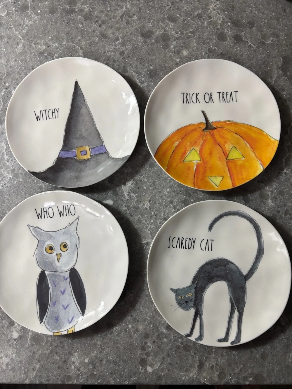 Rae Dunn Halloween Ceramic Plate Set - White, Orange, Black, Purple